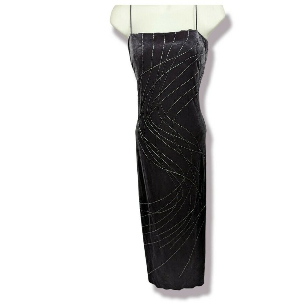 Niki Vintage Gray Beaded Stretch Velvet Sheath Gown Size 8